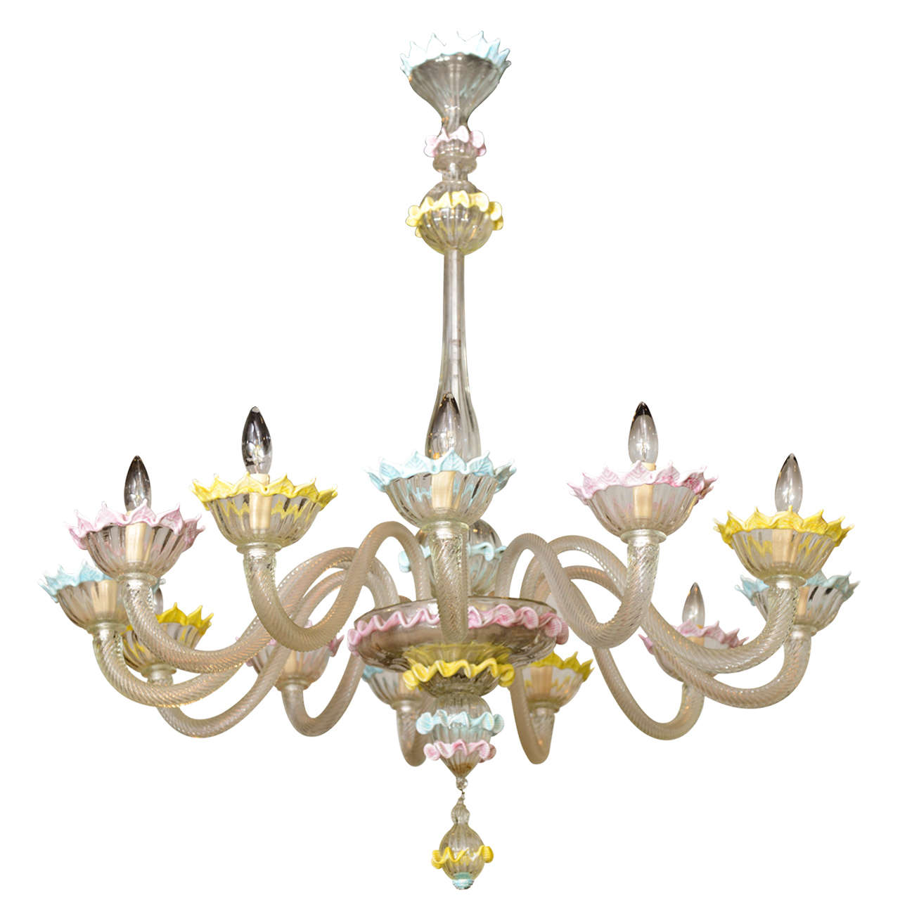 Fine Pair of Barovier & Toso Clear and Colored Glass 12-Light Chandeliers, 1940s For Sale