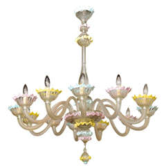 Fine Pair of Barovier & Toso Clear and Colored Glass 12-Light Chandeliers, 1940s