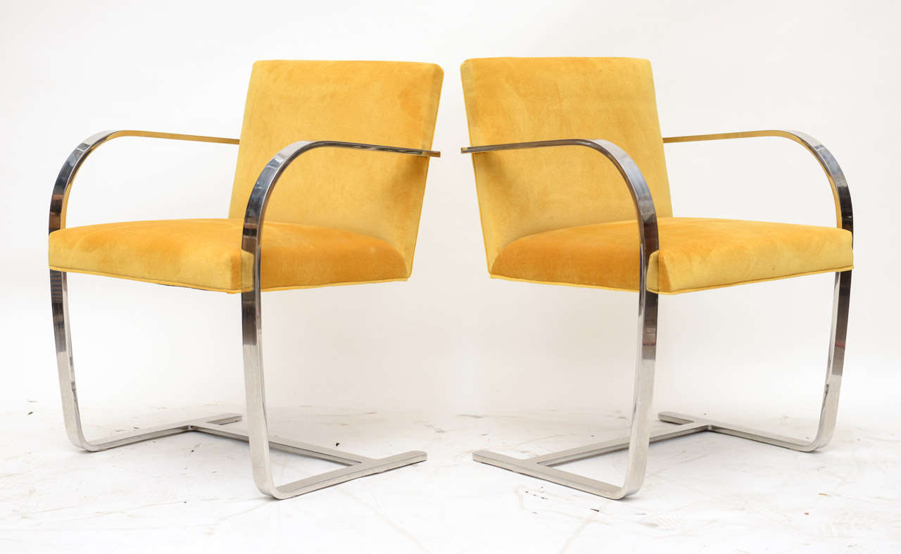 Beautifully restored Brno chairs in yellow Italian mohair and chrome frame.