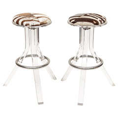 Pair of Vintage Lucite and Zebra Hide Barstools