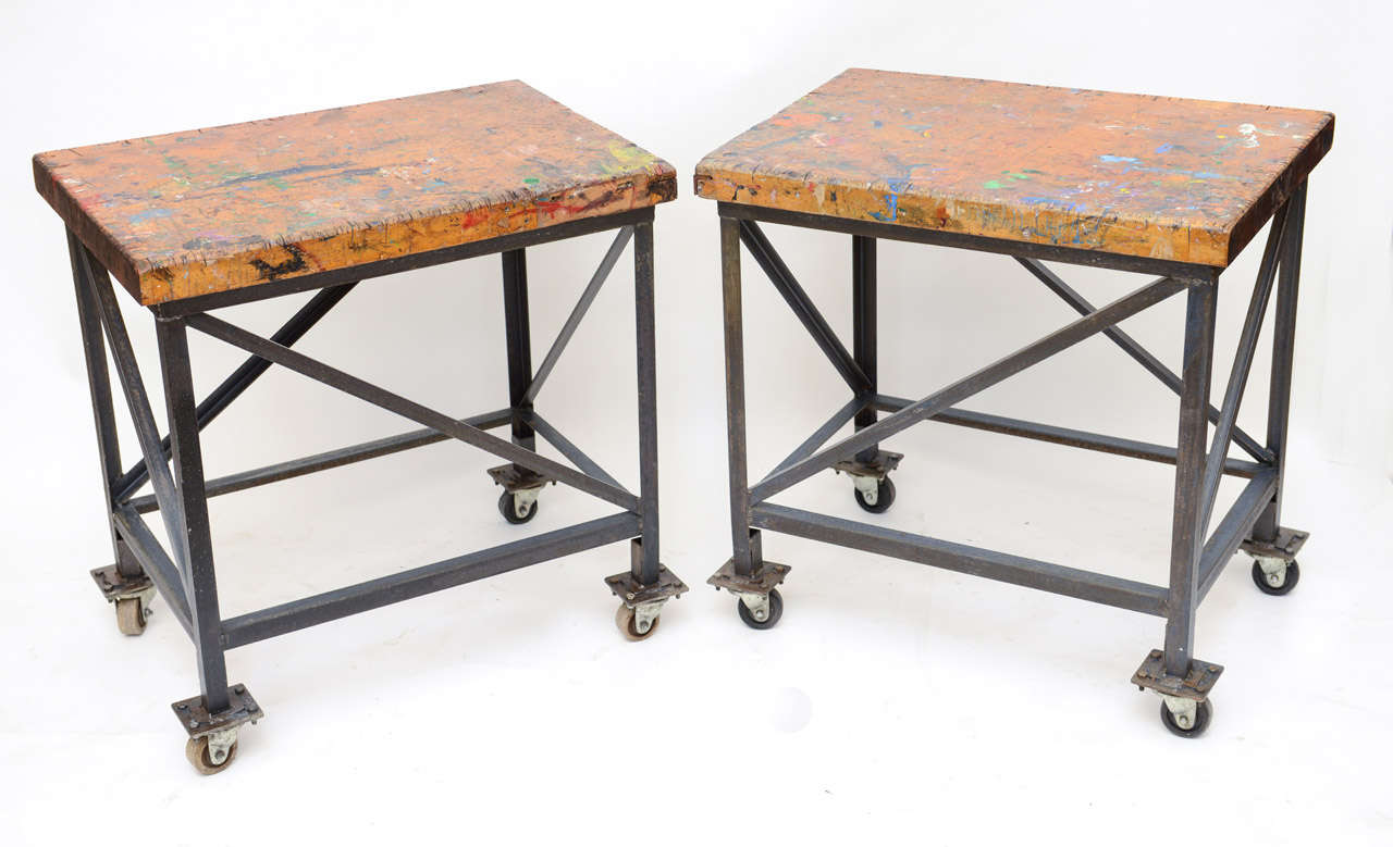 These rolling tables are simply stylish and aged beautifully.  Carved and paint splashed, these thick wood tops are ART all by themselves.  They can be used side-by-side for a kitchen, apart in a bedroom or living room.