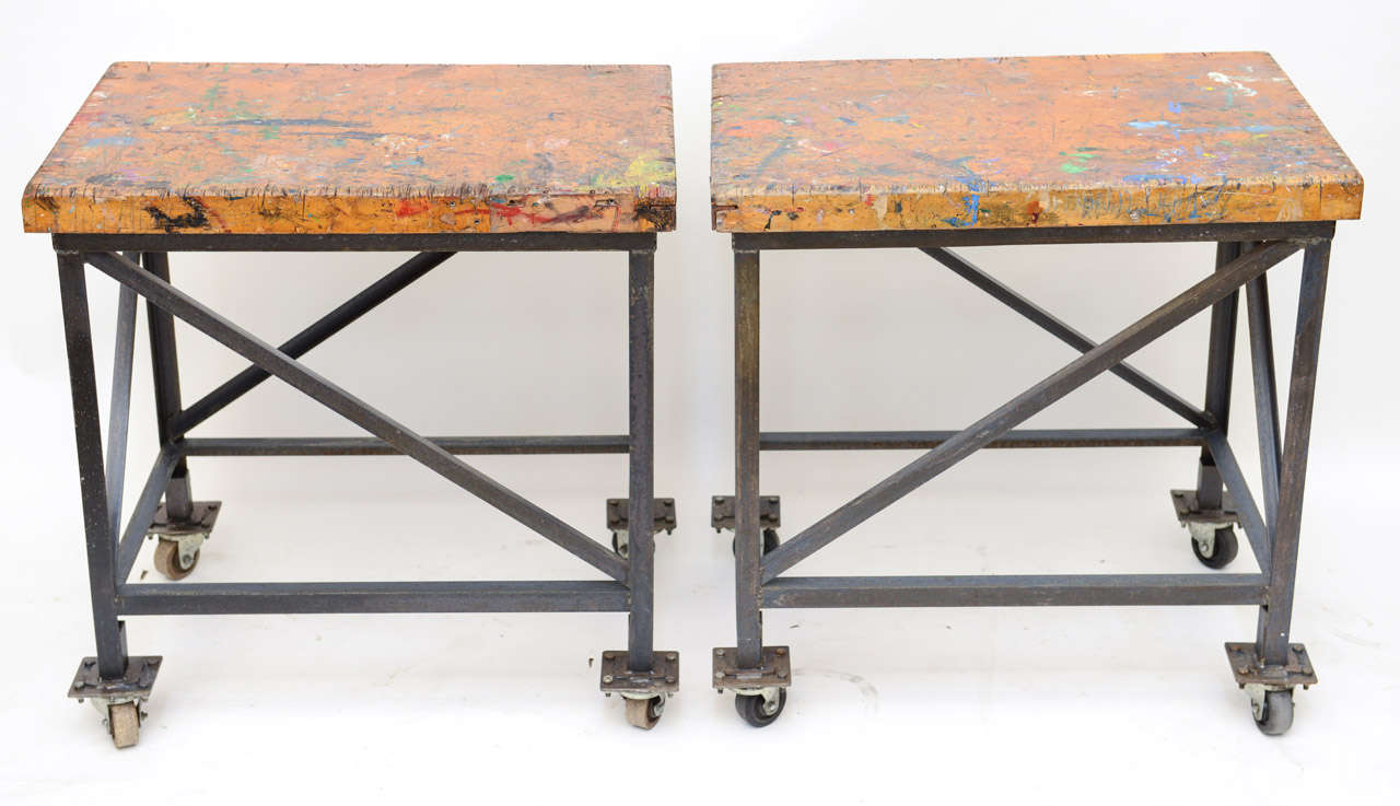 American Pair of Vintage Industrial Work Tables on Casters