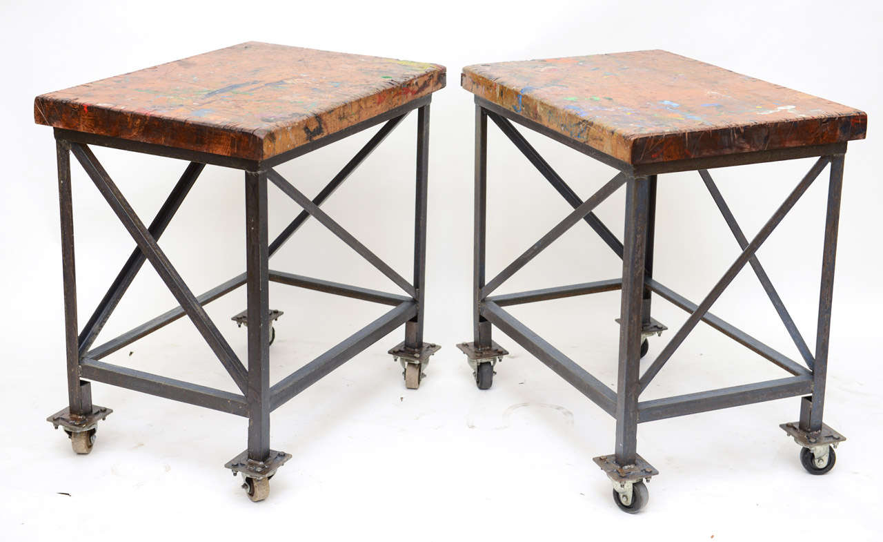 Pair of Vintage Industrial Work Tables on Casters In Excellent Condition In North Miami, FL