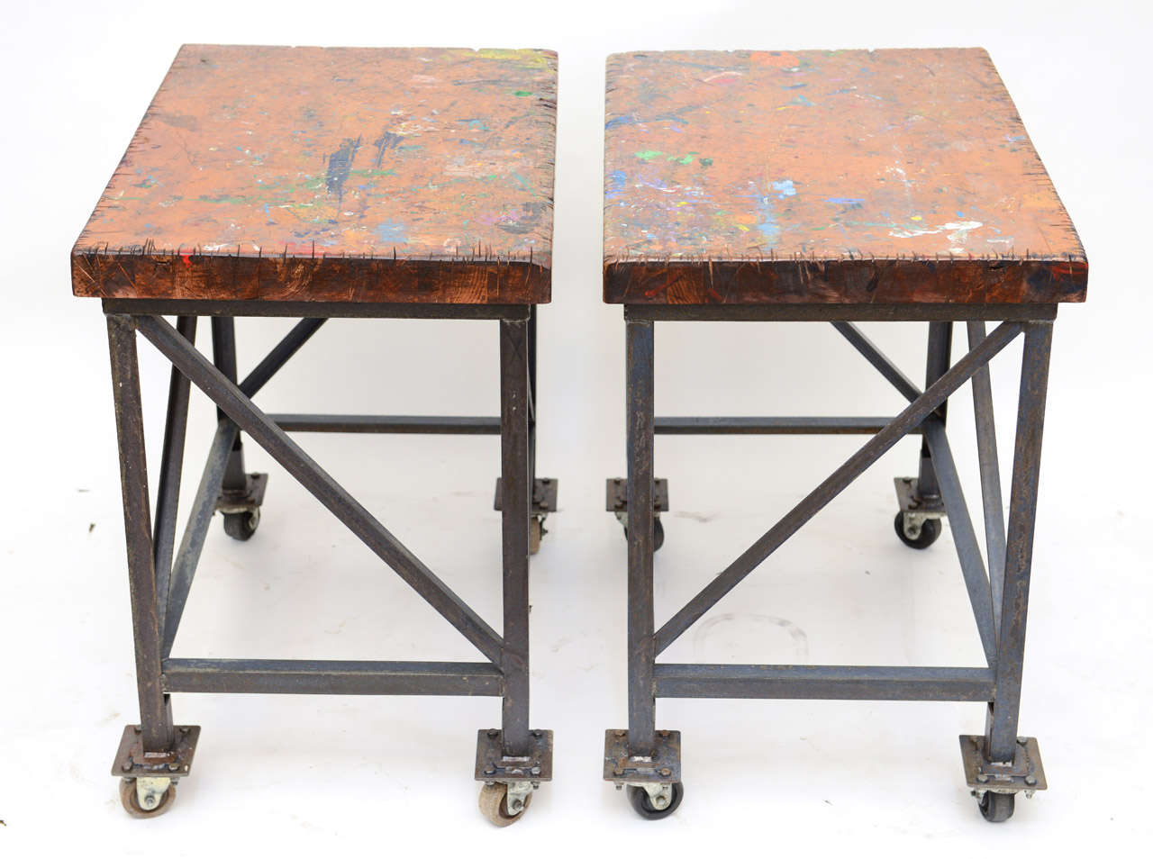 Mid-20th Century Pair of Vintage Industrial Work Tables on Casters
