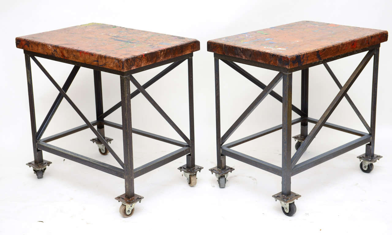 Pair of Vintage Industrial Work Tables on Casters 1