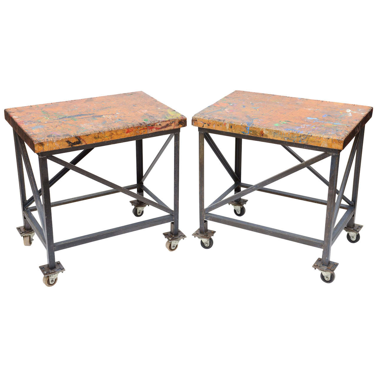 Pair of Vintage Industrial Work Tables on Casters
