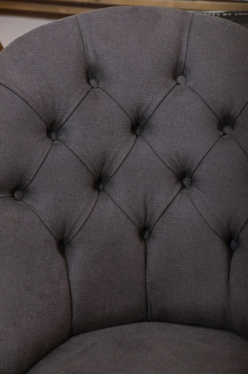 Linen Pair of 19th Century English Tufted Back Upholstered Chairs