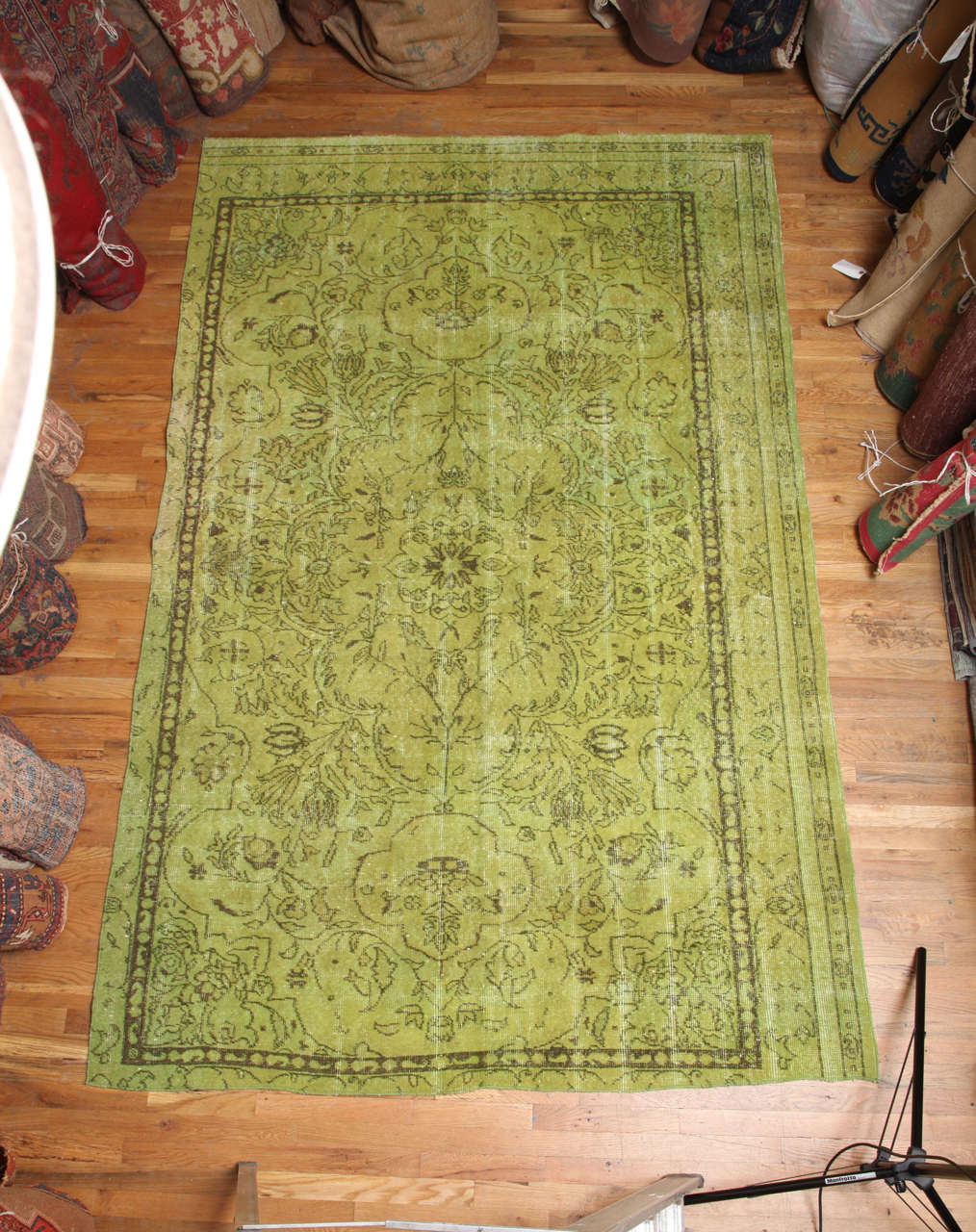Vintage wool rug in over-dyed apple green.  Turkey. circa 1920.