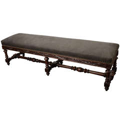 Long English Bench with Linen Upholstery