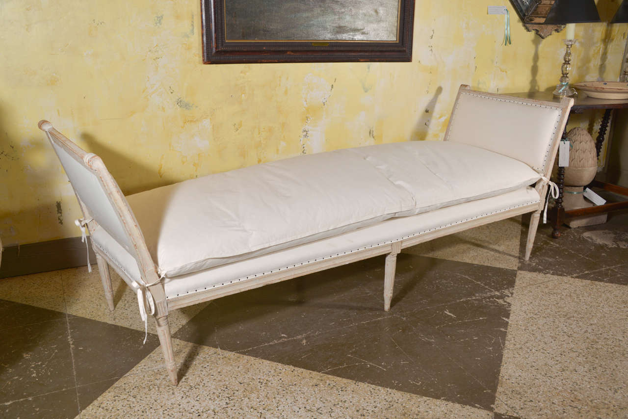 Late Gustavian daybed , scraped to original finish. Newly upholstered in ticking with down cushion and corner ties.
Circa, 1790
