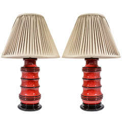 Pair of Red/Orange Ceramic Vase Lamps by Scheurich, Germany, c. 1970