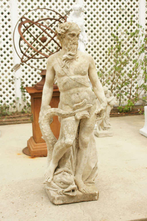 Beautifully carved cast stone statue of Neptune standing on a mythological sea serpent
