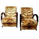 Pair of French Deco Arm Chairs Upholsterd in Tiger Print Silk