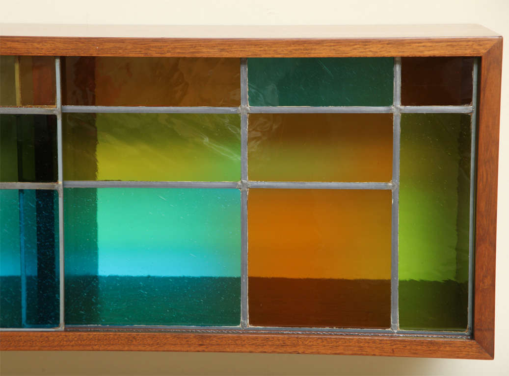 Mid-20th Century Unique 50's Walnut & Stained Glass Wall Mount Cabinet
