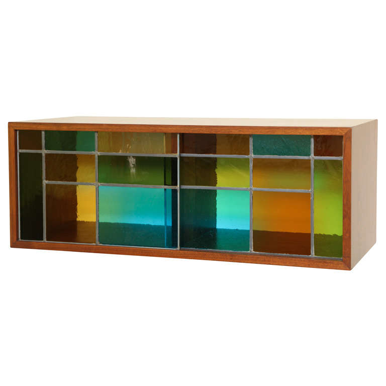 Unique 50's Walnut & Stained Glass Wall Mount Cabinet