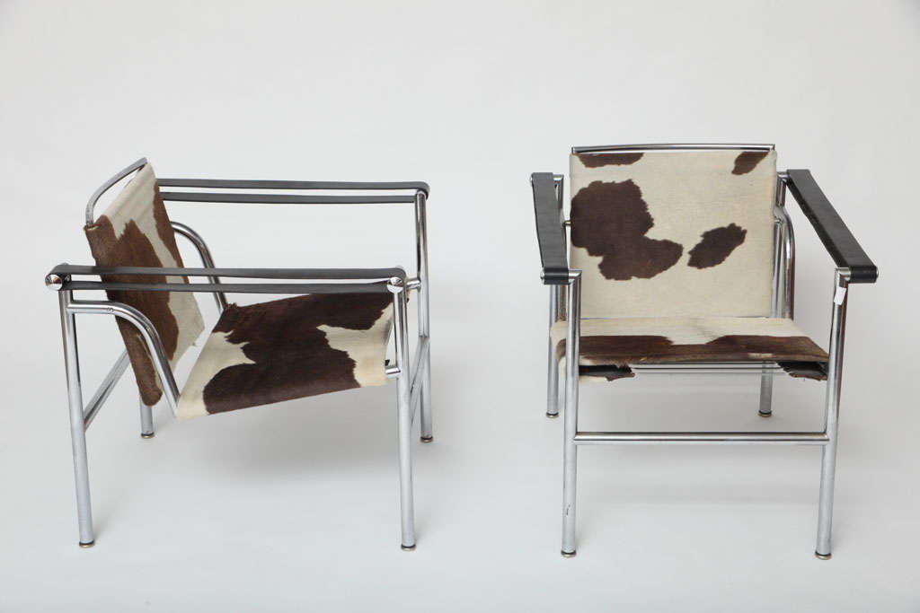 Pierre Jeanneret,Charlotte Perriand and Le Corbusier<br />
Basculant Chairs manufactured by Cassina<br />
Chrome Plated Steel and Pony Hide<br />
Beautiful Old Pony Hide