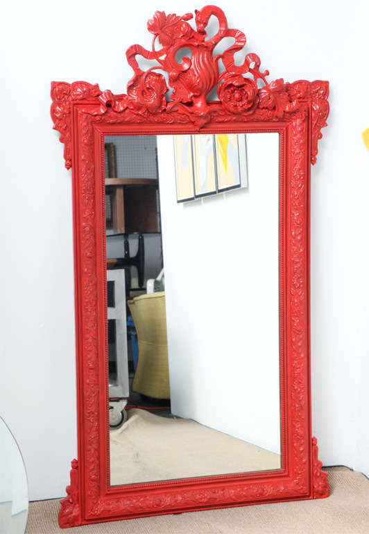 Beautiful plaster red lacquered  french mirror, a great addition to any interior...