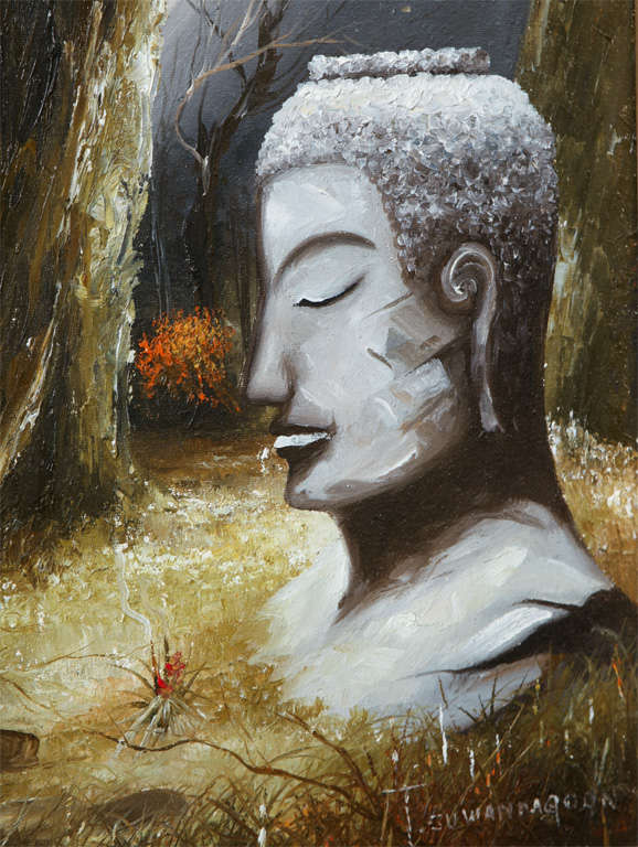 Mid Century Soothing Reflective Buddha Painting For Sale 1
