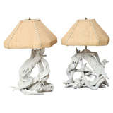 Pair of Driftwood Lamps with Raffia Shades
