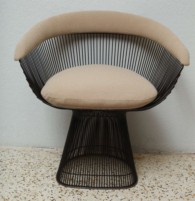Set of six, 70's-production wire arm chairs by Warren Platner for Knoll International, in the coveted bronze finish. Newly upholstered in a sand basket weave chenille.
