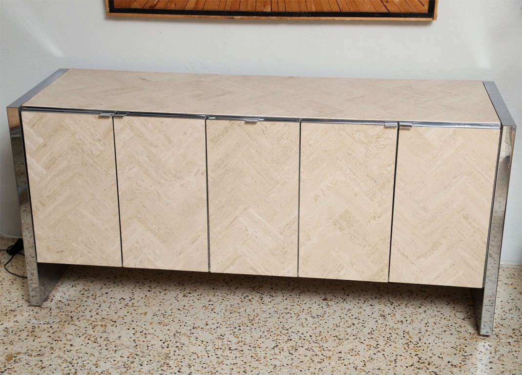 Late 20th Century Ello Buffet in Polished Steel and Herringbone Travertine
