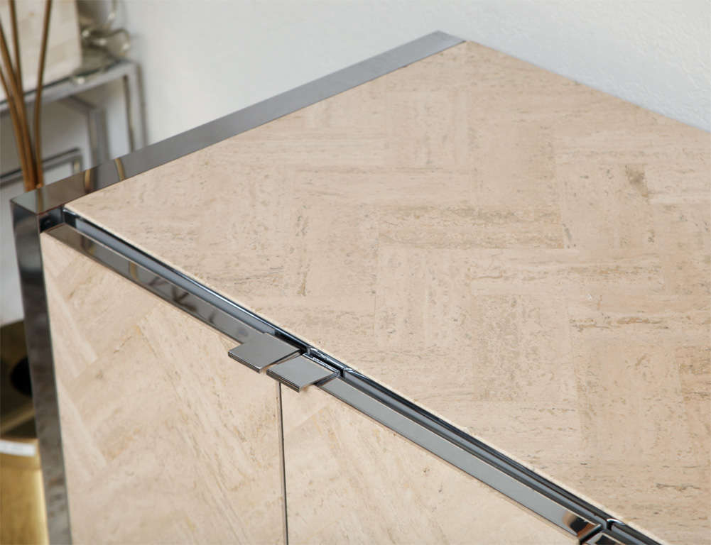 Ello Buffet in Polished Steel and Herringbone Travertine 1