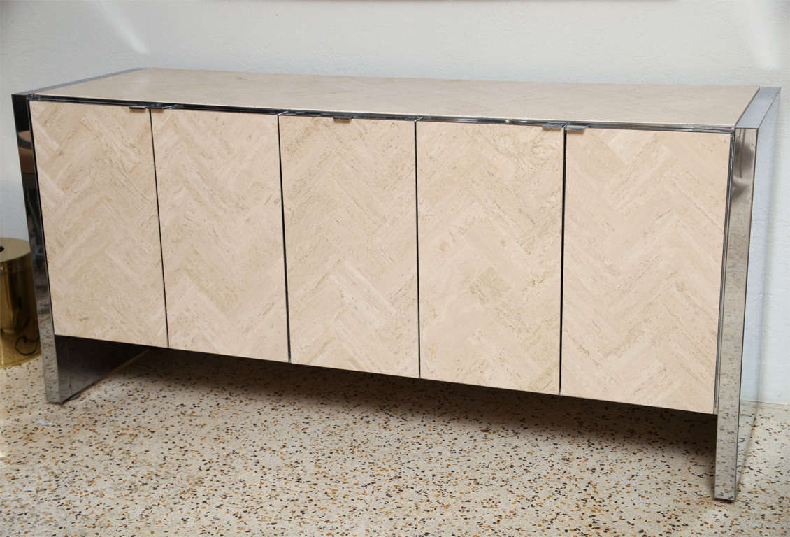 Ello Buffet in Polished Steel and Herringbone Travertine 3
