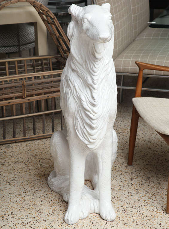 Mail-man's best friend... This gleaming, life-sized, white-glazed, Italian terracotta Borzoi is stunning outdoors - or in! Marked 