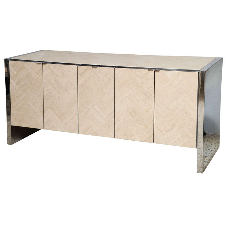 Ello Buffet in Polished Steel and Herringbone Travertine at 1stDibs