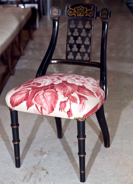 English Pair Black Regency Chairs Reupholstered in Ralph Lauren Fabric