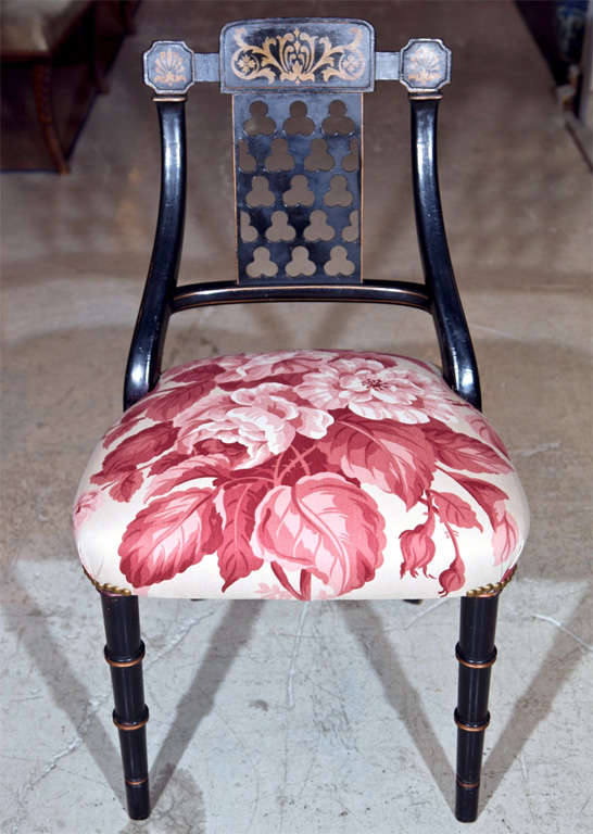 19th Century Pair Black Regency Chairs Reupholstered in Ralph Lauren Fabric