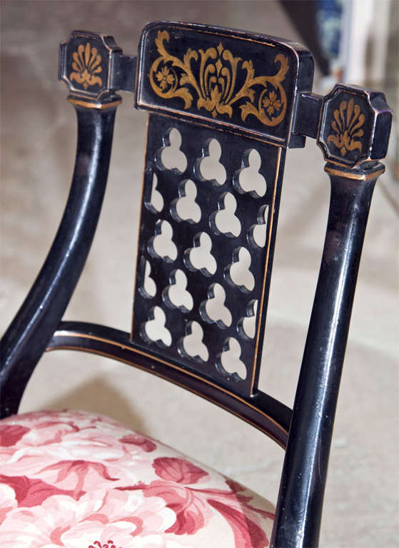 Pair Black Regency Chairs Reupholstered in Ralph Lauren Fabric 2