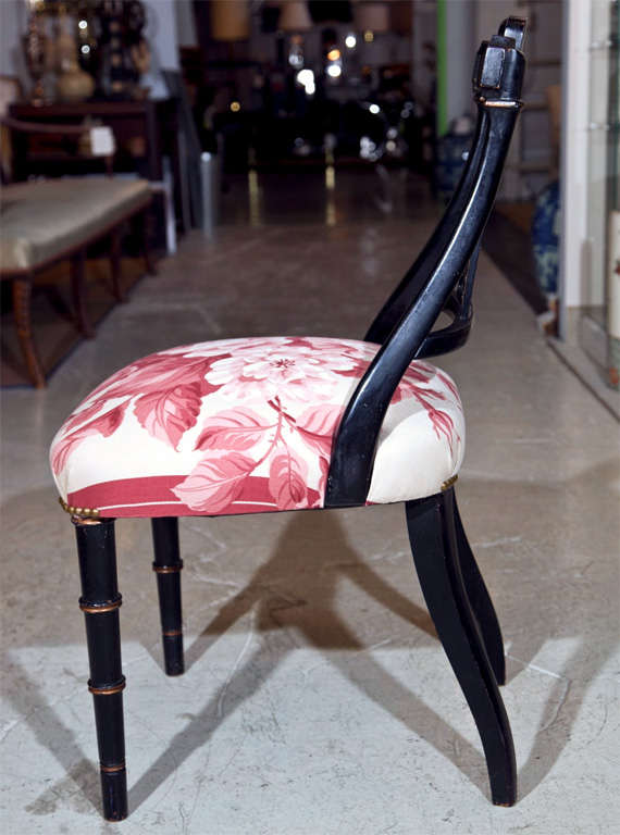 Pair Black Regency Chairs Reupholstered in Ralph Lauren Fabric 3
