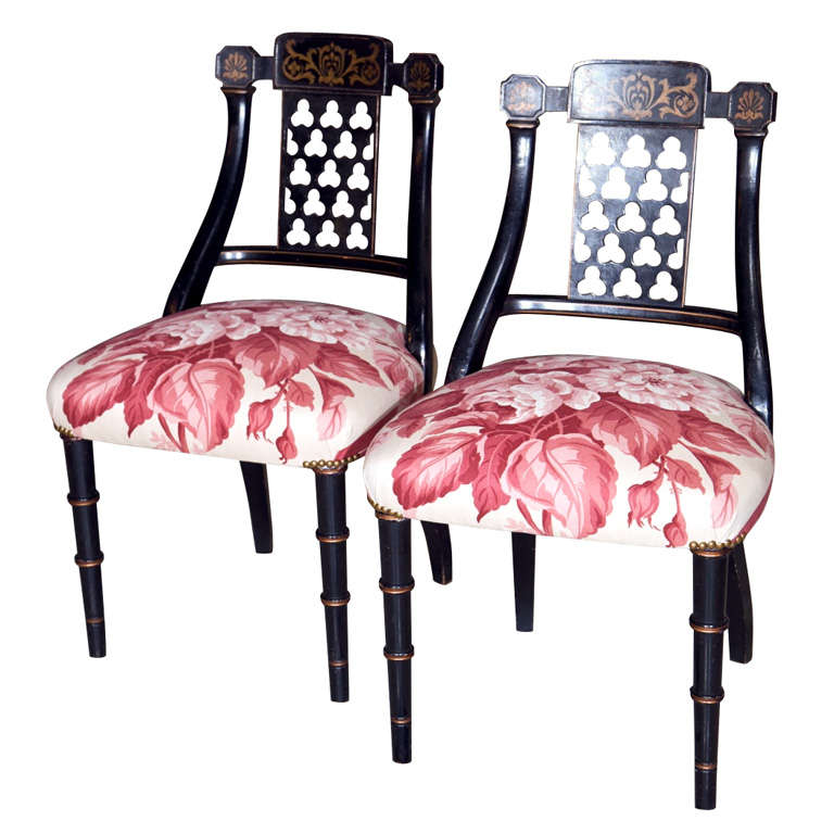 Pair Black Regency Chairs Reupholstered in Ralph Lauren Fabric