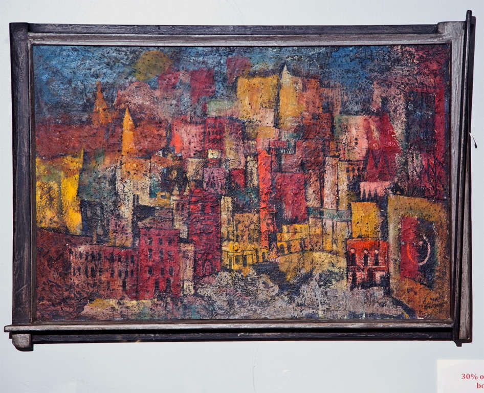 This aesthetically enchanting cityscape by listed artist Mel Silverman is signed in it's original mid-century wooden frame.