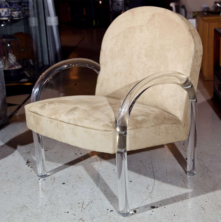 American Pair of Suede Chairs w. Lucite Legs/Arms