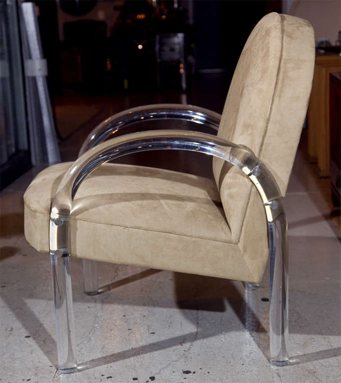 Pair of Suede Chairs w. Lucite Legs/Arms In Excellent Condition In Stamford, CT