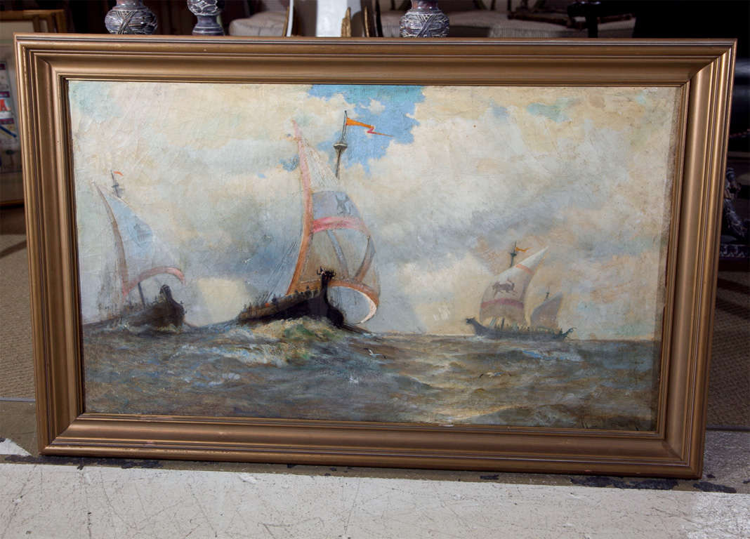 Vintage Oil Painting of Viking Ships by K.E. Felix (1837-1906)