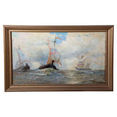 Vintage Oil Painting of Viking Ships by K.E. Felix (1837-1906)