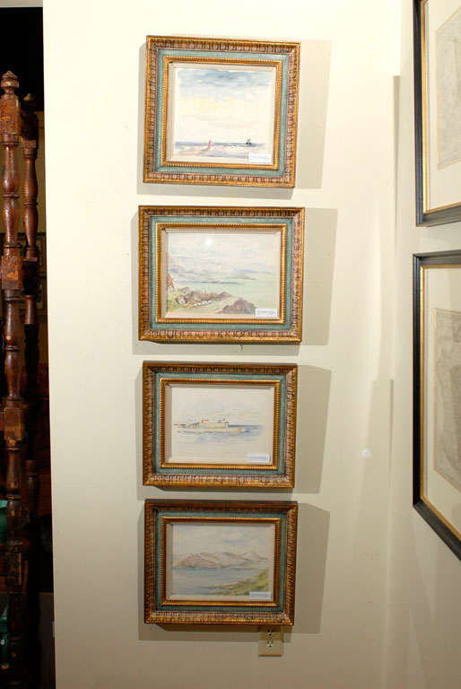 This is a handsome set of watercolors.  Each are different but very serene and inviting.  The paintings in image 3 and 5 are signed by G Richaud.  The watercolors are framed in a hand carved and painted frame by Fred Reed Picture Framing, inc.
The
