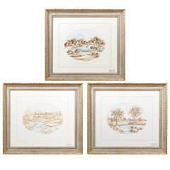 Set of Three One of a Kind Sepia & Blue Watercolor Landscapes