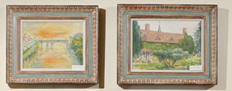 This is a beautiful pair of French watercolors. One painting is a landscape with a bridge has lovely warm tones. The painting is 18.5 wide by 16 high  The other painting of a cottage is cooler. It is 20.5 wide by 16.5 wide. The frames are hand