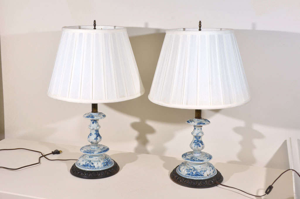 Pair of 19th Century Delftware Candlestick Lamps