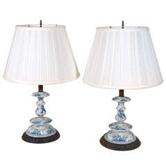 Pair of 19th Century Delftware Candlestick Lamps
