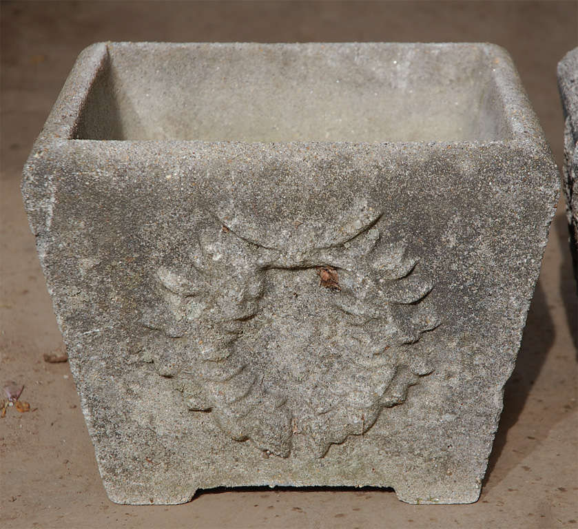 Square Cast Cement Planter With Laurel Leaf Pattern