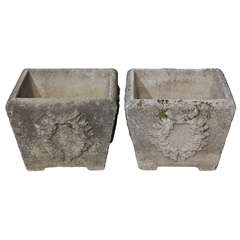 Vintage Square Cast Cement Planter With Laurel Leaf Pattern