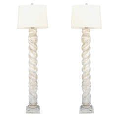 Retro Pair of Spiral Column Wooden Floor Lamps