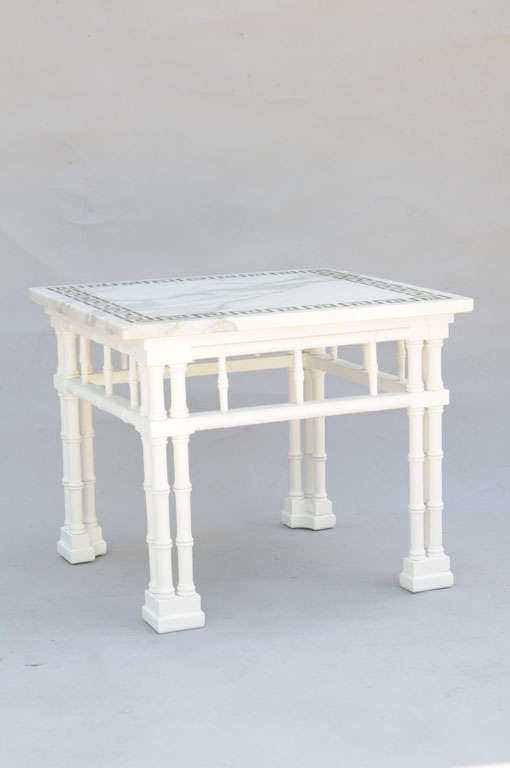 Pair of End Tables with Greek-Key White Marble Tops