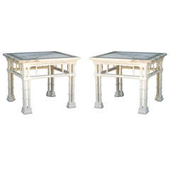Pair of End Tables with Greek-Key White Marble Tops