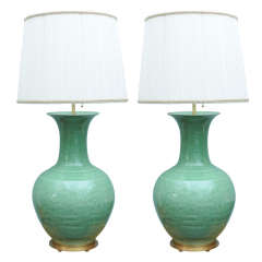 Pair of Large Chinese Ming Style Celadon Glazed Vase Lamps